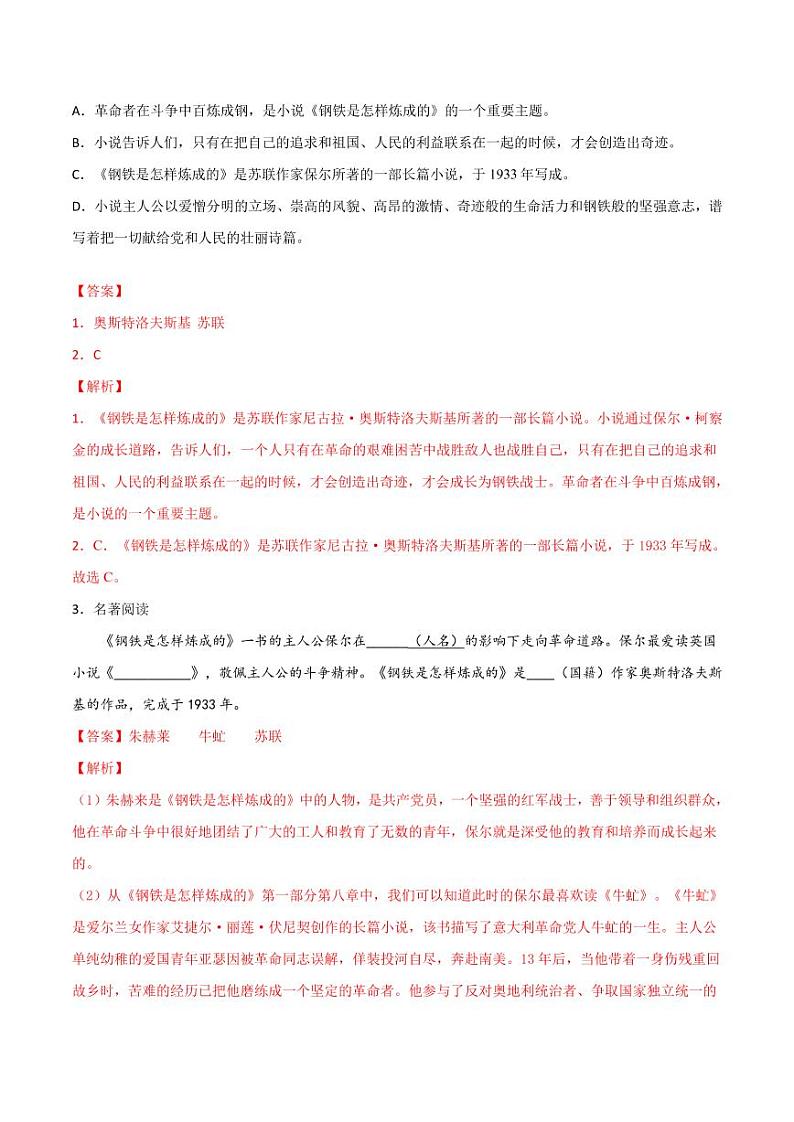 中考语文名著阅读重点篇目提升复习《钢铁是怎样炼成的》第3页
