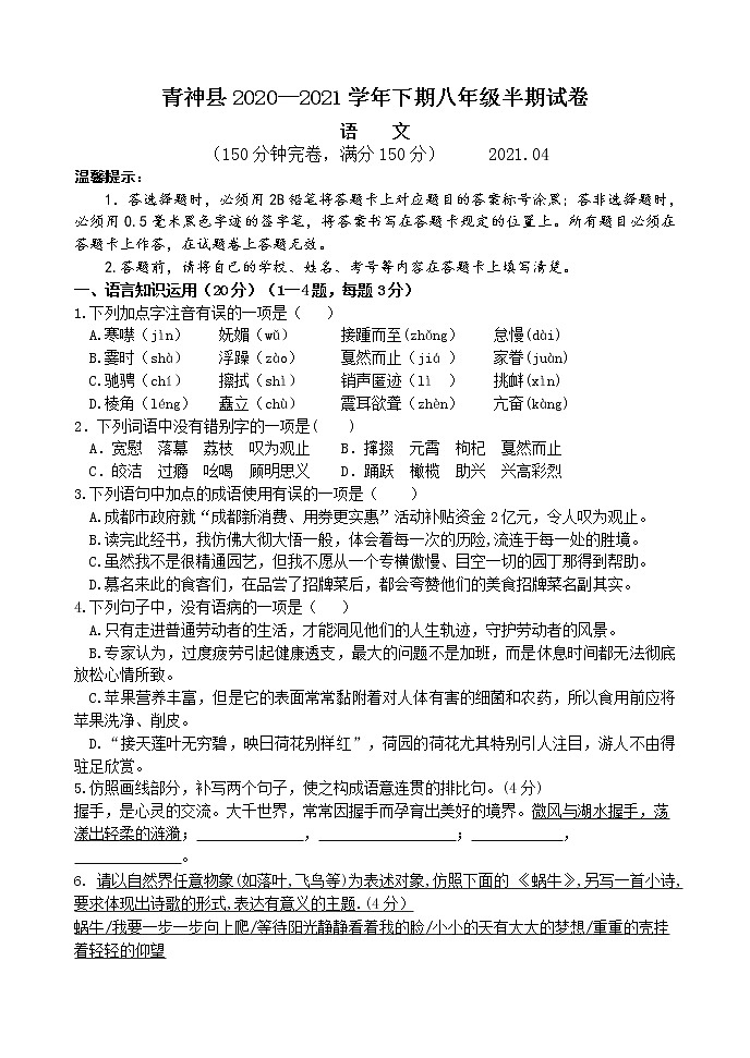 四川省眉山市青神县2020-2021学年八年级下学期期中考试语文试题（word版 含答案）01