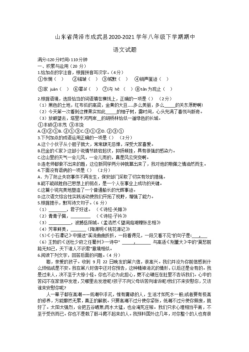 山东省菏泽市成武县2020-2021学年八年级下学期期中语文试题（word版 含答案）01