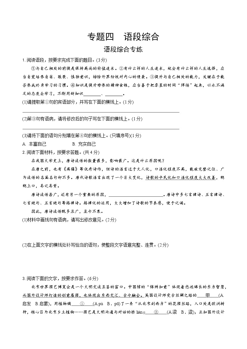 初中语文中考模拟试卷 专题四  语段综合01