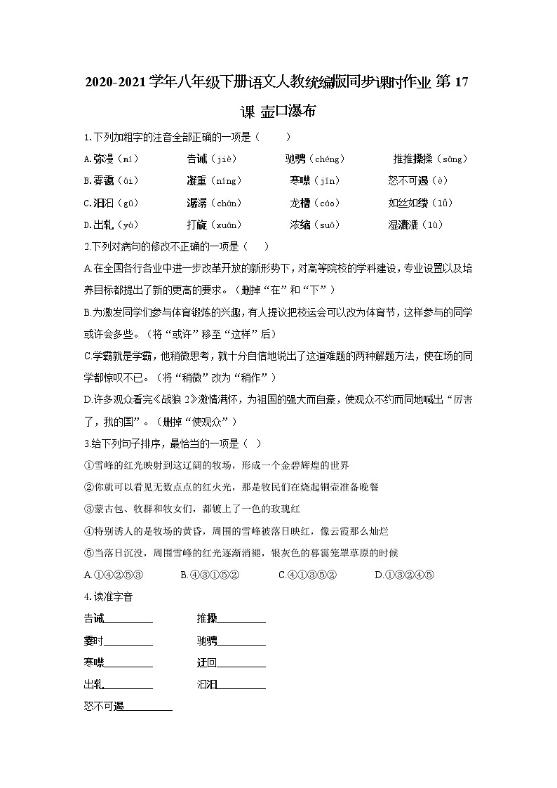 2020-2021学年部编版语文八年级下册第17课《壶口瀑布》同步练习01