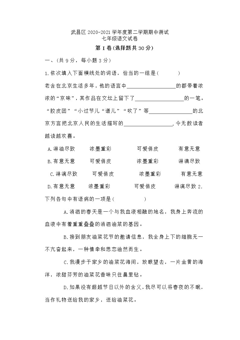湖北省武汉市武昌区2020-2021学年七年级下学期期中测试语文试卷第1页