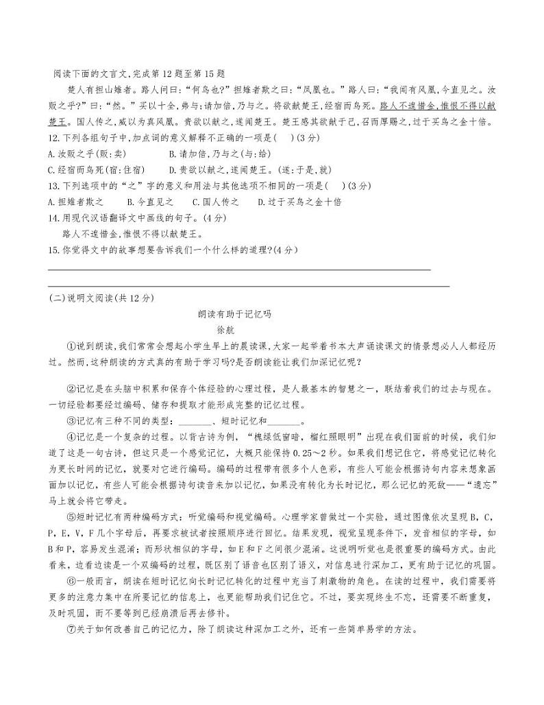 2019年中雅培粹中学七年级语文教学质量检测联考试卷第3页