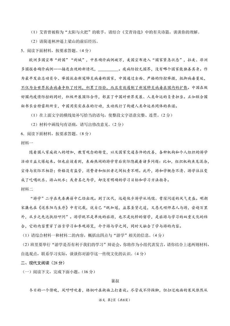 2021年河南中考语文第二次模拟考试附解析02