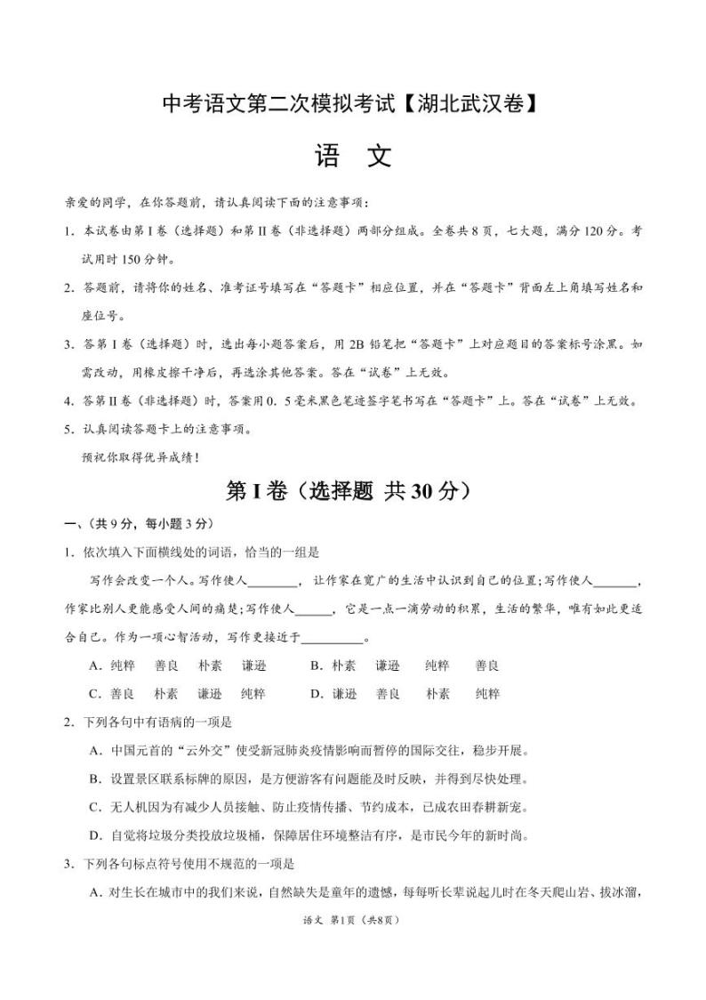 2021年湖北武汉中考语文第二次模拟考试附解析版01