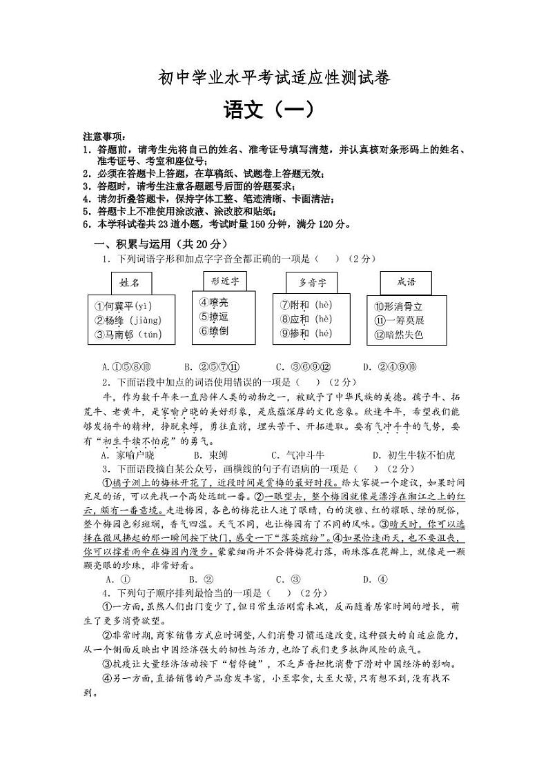 2021年湖南省长沙市初中学业水平考试适应性测试语文试题附答案01