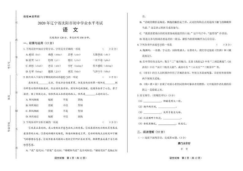 2020年辽宁省沈阳中考语文试卷附真卷答案解析01