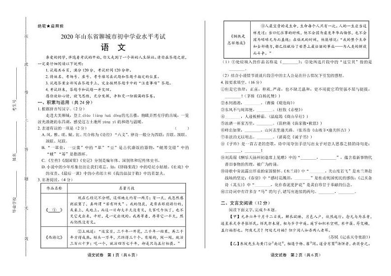 2020年山东省聊城中考语文试卷附真卷答案解析01