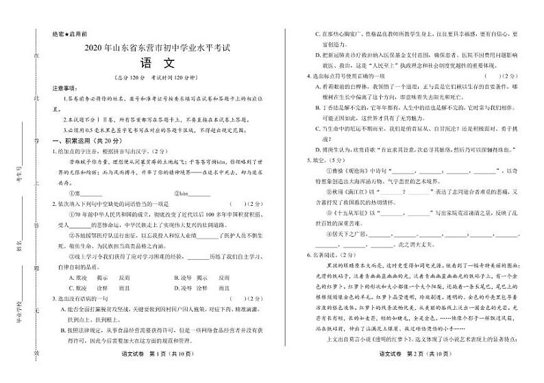 2020年山东省东营中考语文试卷附真卷答案解析01