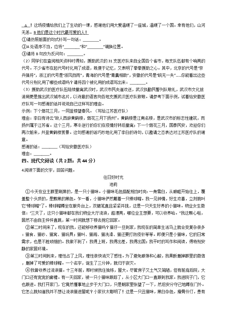 安徽省合肥市2021年重点初中语文中考三模试卷附答案02