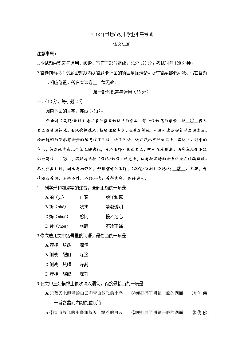 2018年山东省潍坊市中考语文试题及答案01