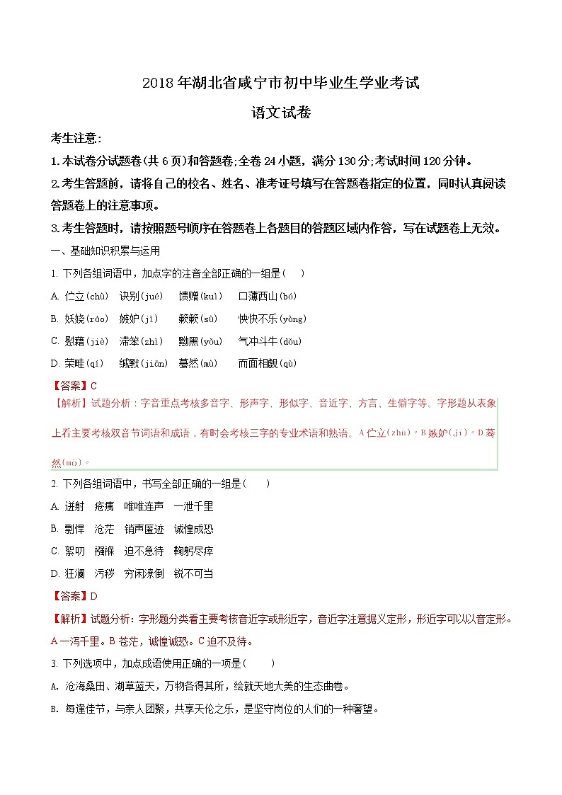 2018年湖北省咸宁市初中中考语文试题（word版，含解析）01