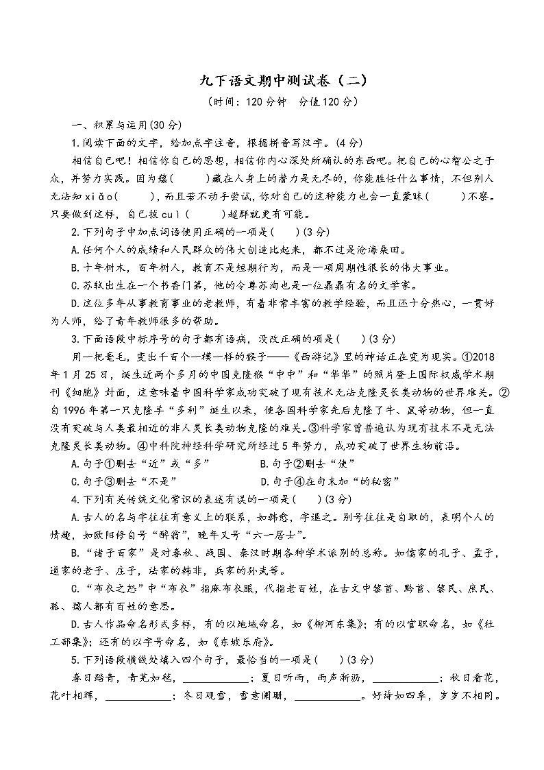 人教部编版语文九年级下期中测试卷（二）01