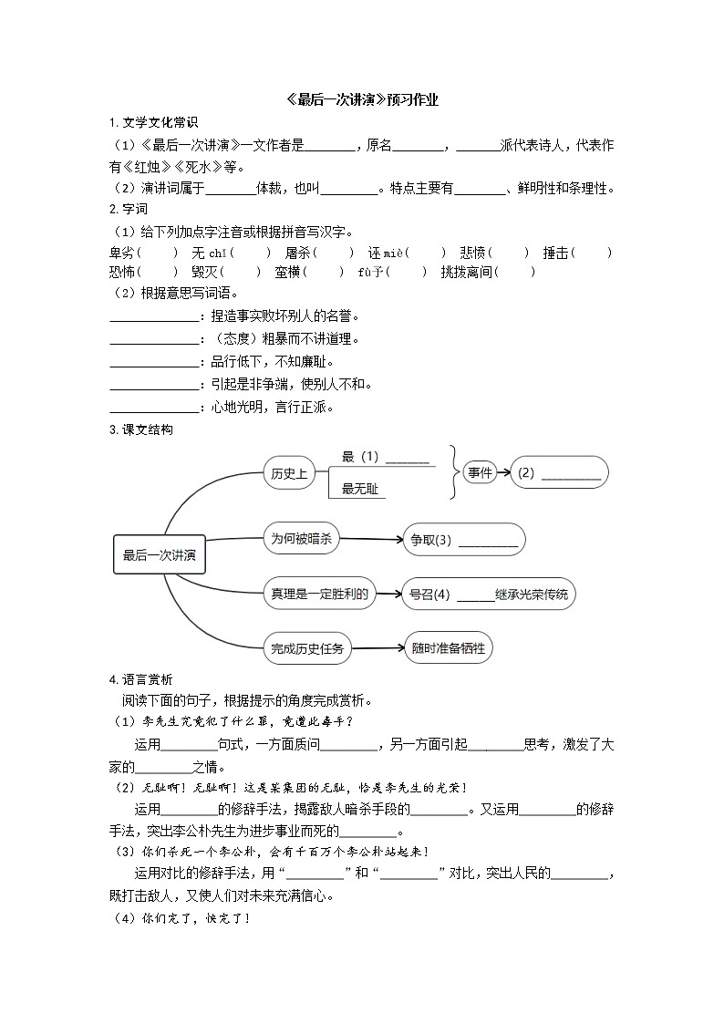 部编版 八年级下册语文 13《最后一次讲演》 预习作业（含答案） 练习01