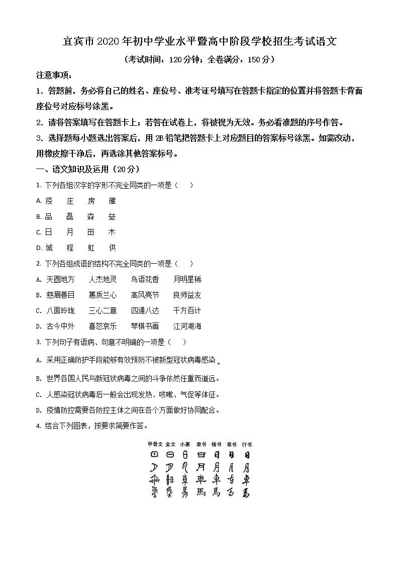 2020年中考真题解析 语文（四川宜宾卷）精编word版01