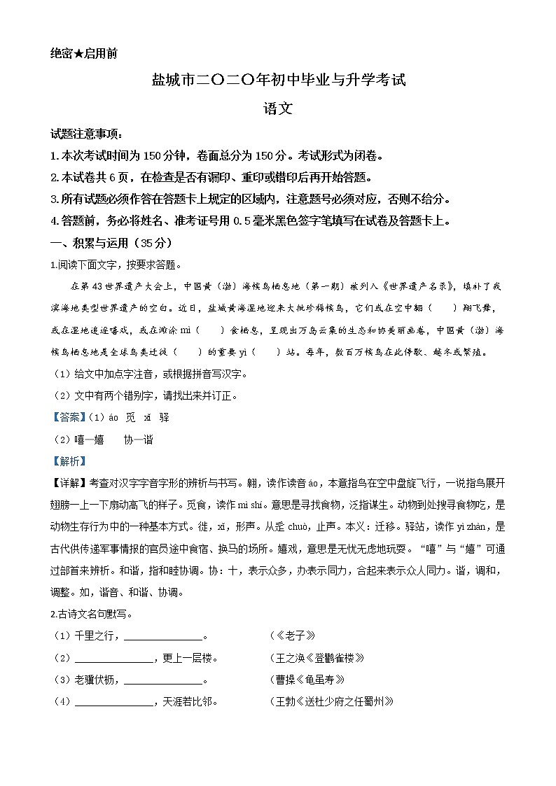 2020年中考真题解析 语文（江苏盐城卷）精编word版01