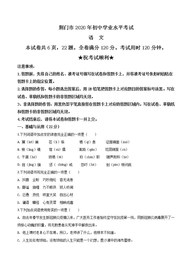 2020年中考真题解析 语文（湖北荆门卷）精编word版01