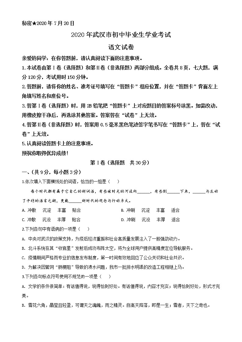 2020年中考真题解析 语文（湖北武汉卷）精编word版01