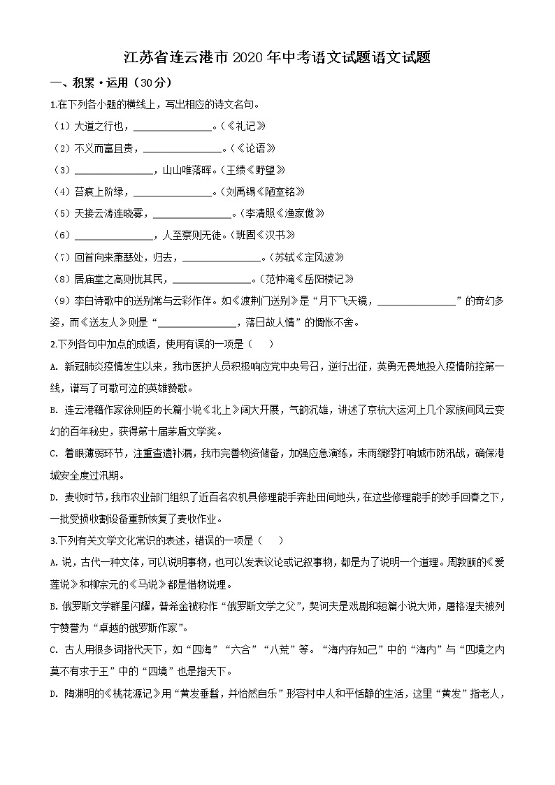 2020年中考真题解析 语文（江苏连云港卷）精编word版01