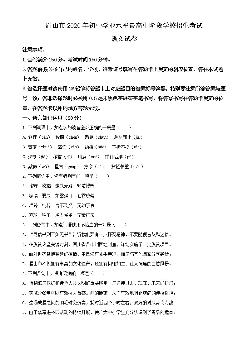 2020年中考真题解析 语文（四川眉山卷）精编word版01