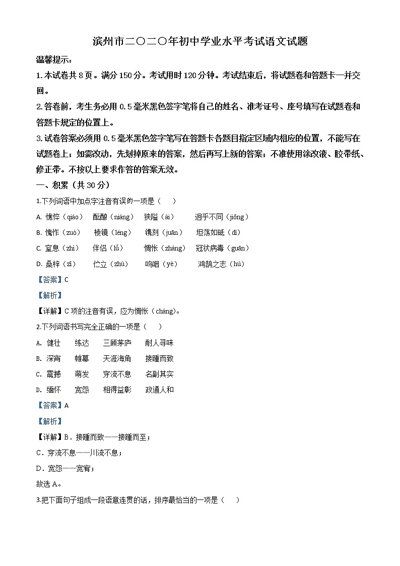 2020年中考真题解析 语文（山东滨州卷）精编word版01