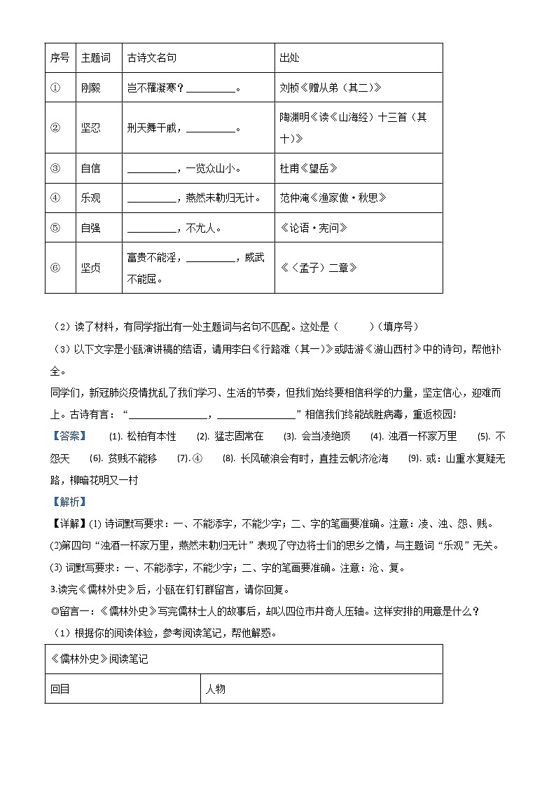 2020年中考真题解析 语文（浙江温州卷）精编word版02