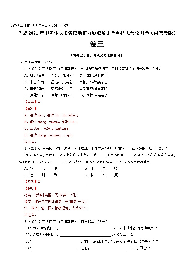 卷3备战2021年中考语文【名校地市好题必刷】全真模拟卷·2月卷（河南专用）（解析版）第1页