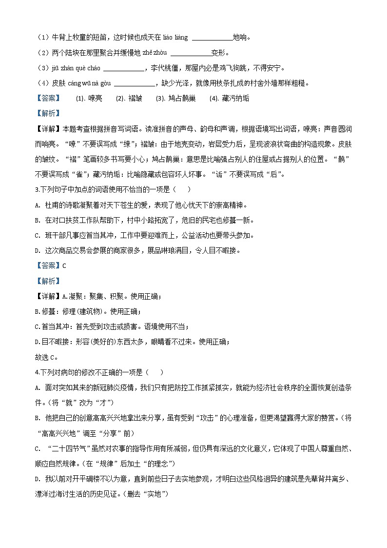 2020年中考真题解析 语文（广东卷）精编word版02