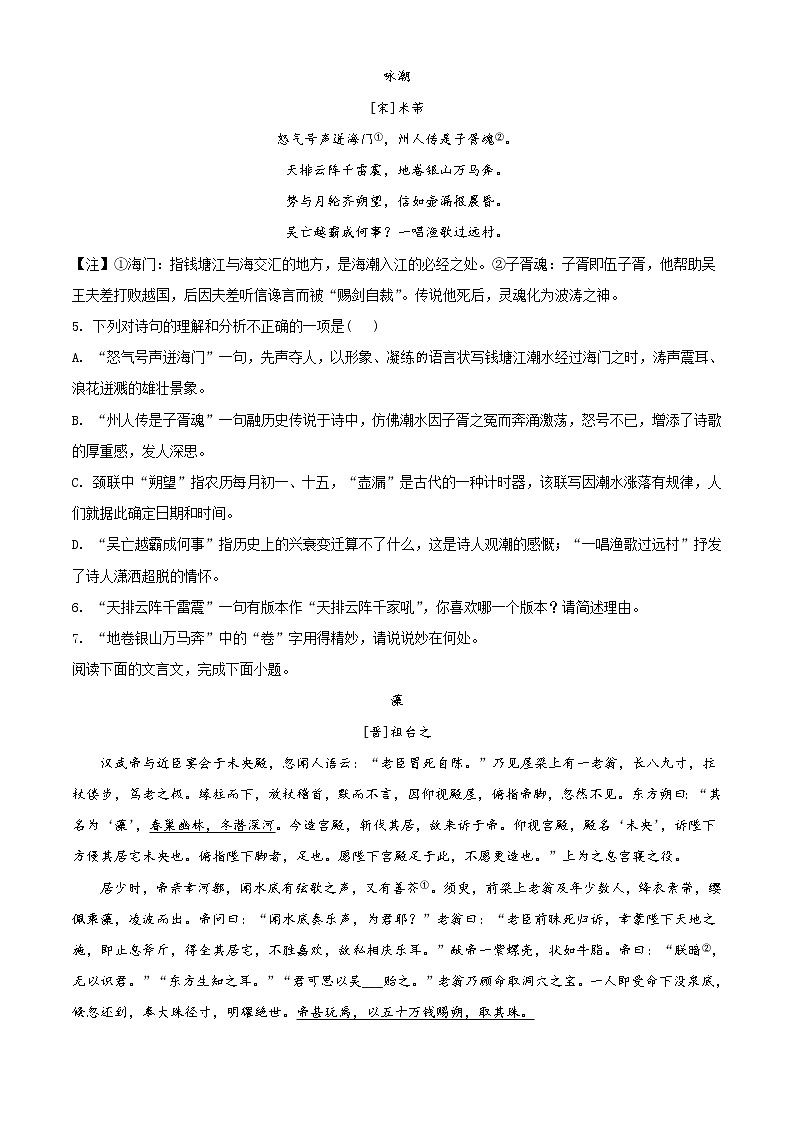 2020年中考真题解析 语文（江苏苏州卷）精编word版03