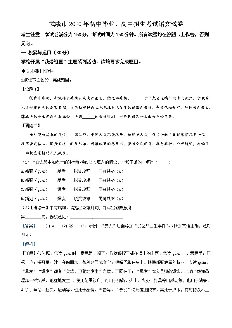 2020年中考真题解析 语文（甘肃白银、武威、张掖、平凉、酒泉、庆阳、陇南、临夏卷）精编word版01
