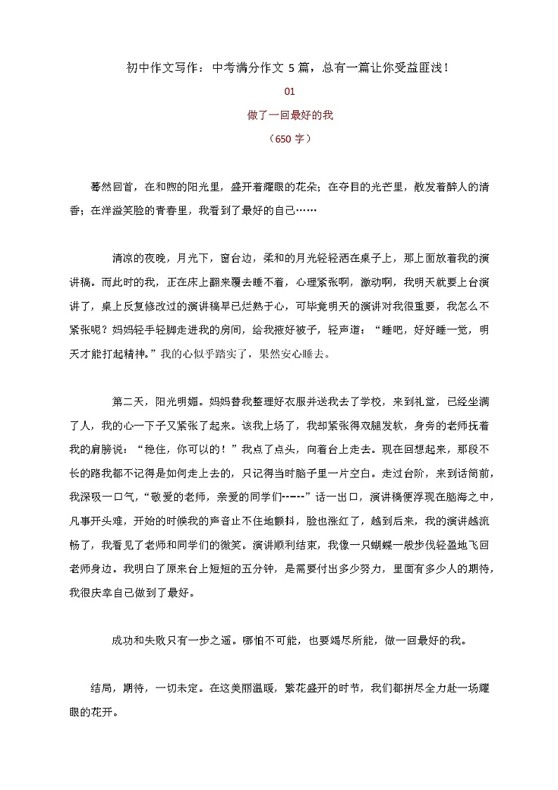 初中作文写作范文：中考满分作文5篇 教案01
