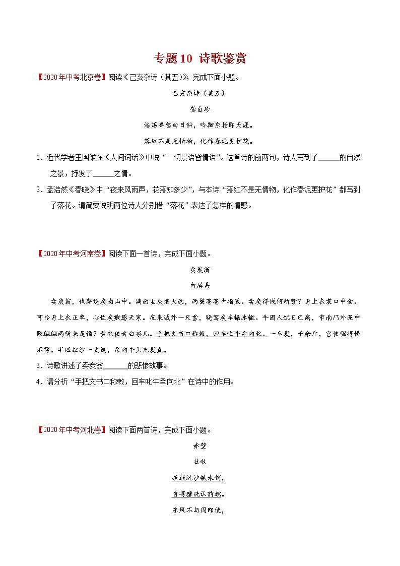 专题10 诗歌鉴赏-2020年中考语文真题分项汇编（全国通用）试卷01