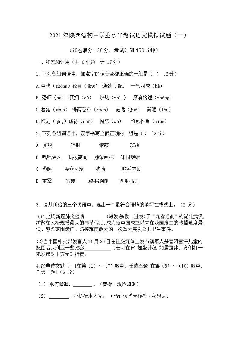 2021年陕西省初中学业水平考试语文模拟试题及答案（一）01