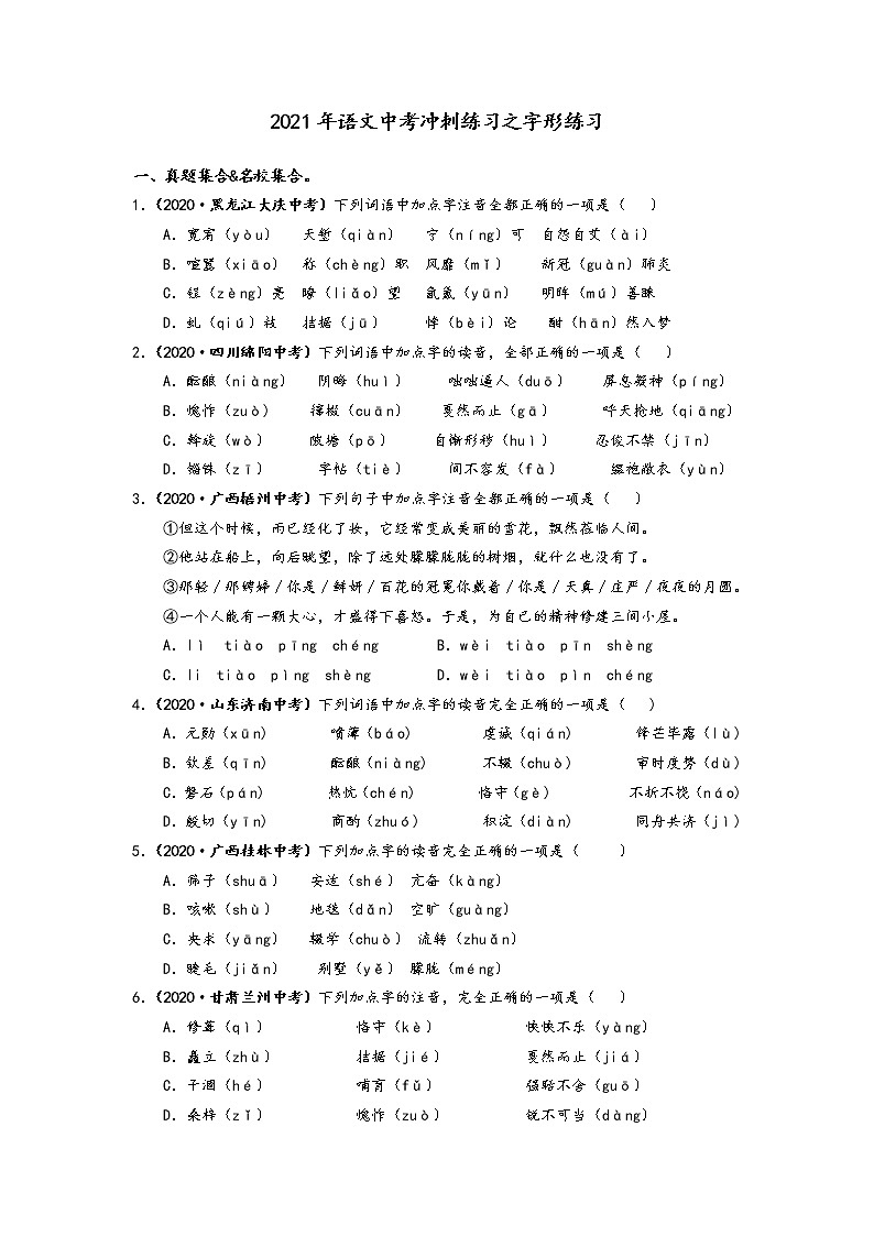 2021年语文中考冲刺练习之字音练习含答案01