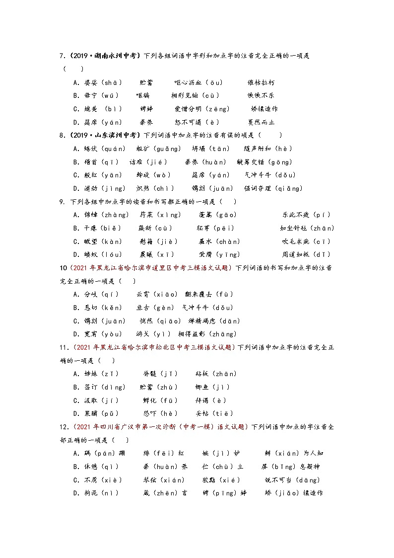 2021年语文中考冲刺练习之字音练习含答案02