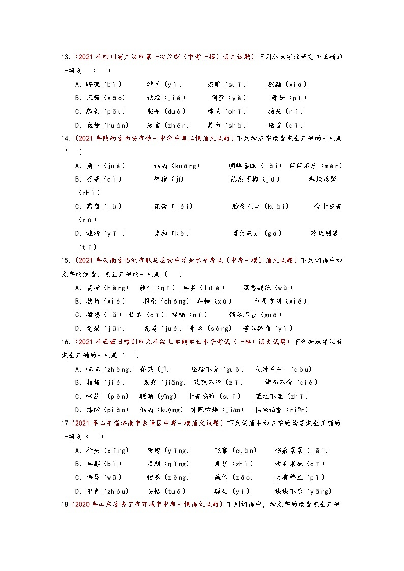2021年语文中考冲刺练习之字音练习含答案03