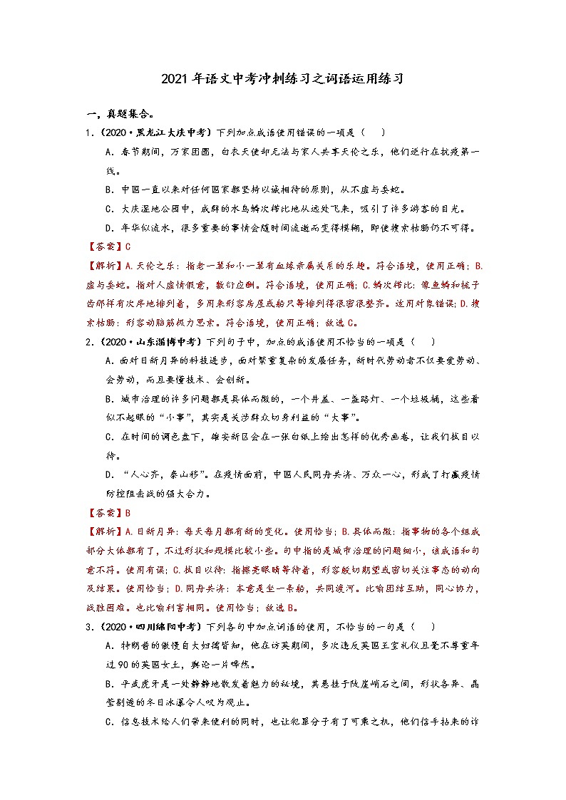 2021年语文中考冲刺练习之词语运用练习含答案01