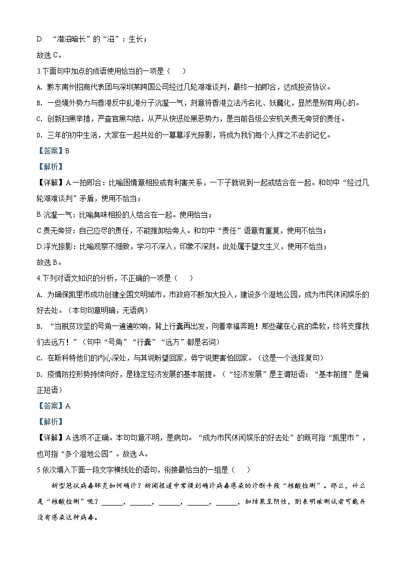 精品解析：贵州省黔东南2020年中考语文试题（解析版）02
