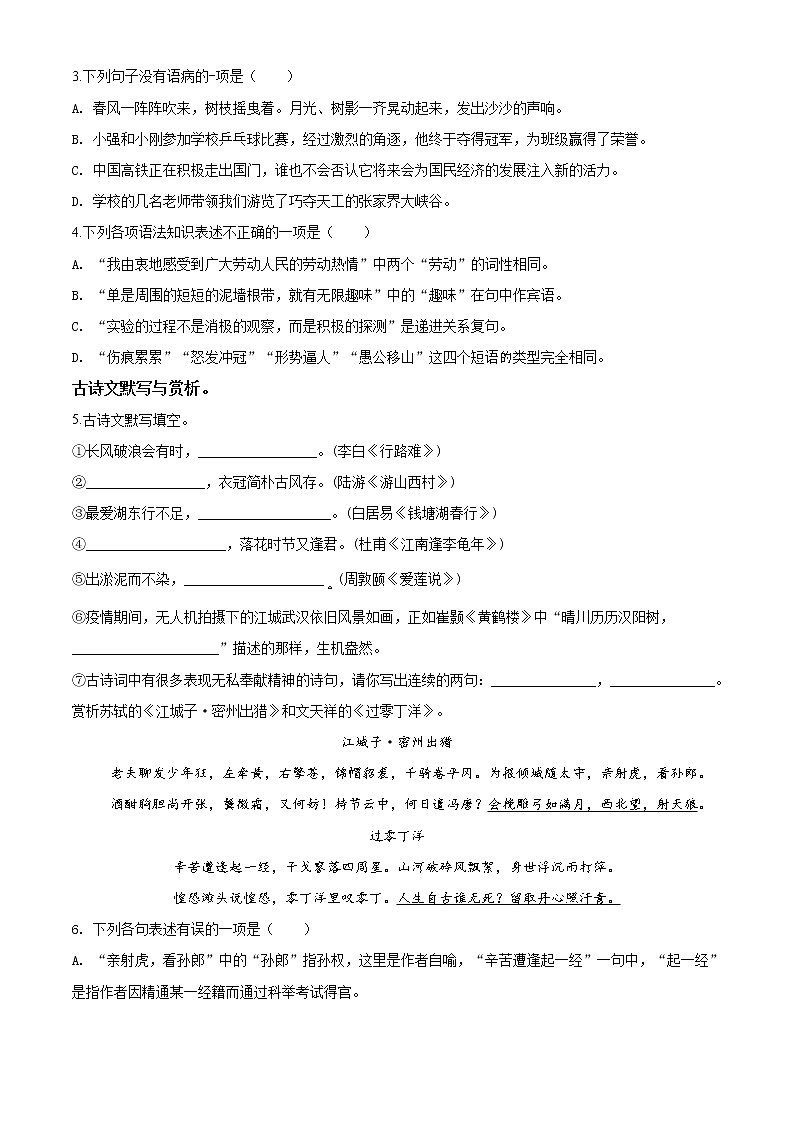 精品解析：黑龙江省绥化市2020年中考语文试题（原卷版）02