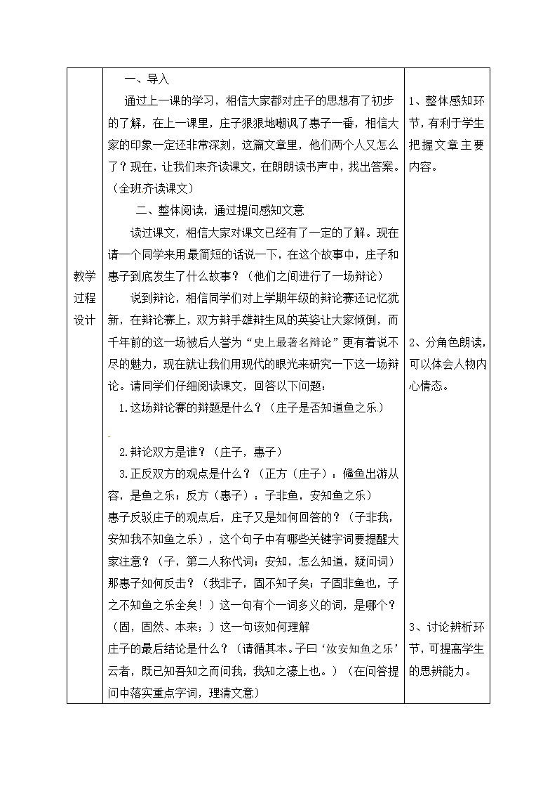 人教部编版语文八年级下册21《庄子与惠子游于濠梁》教案（表格版）第2页