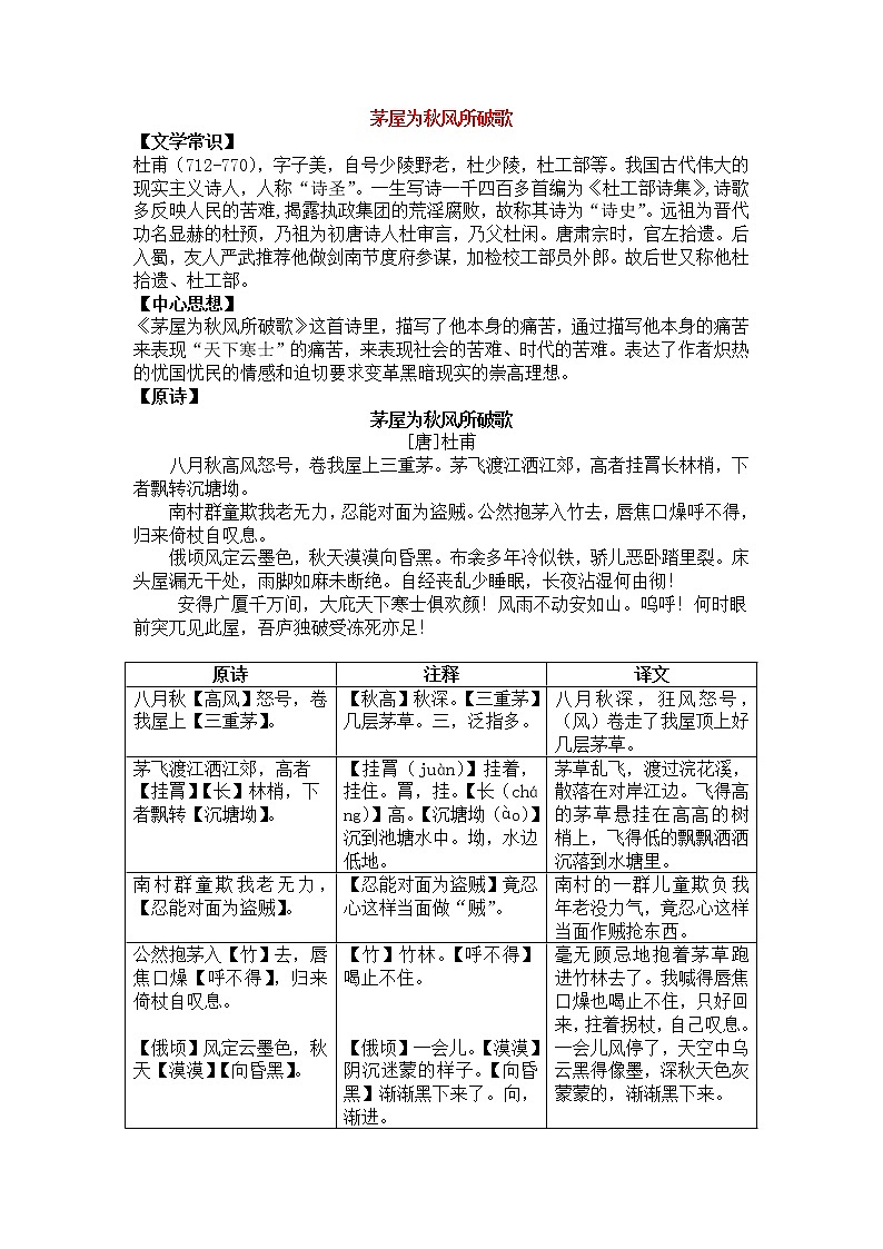 人教部编版语文八年级下册24杜甫《茅屋为秋风所破歌》中考知识点全扫描01