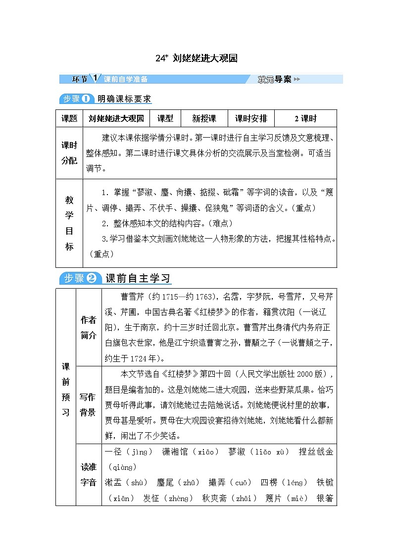 人教部编语文九年级上24 刘姥姥进大观园 教案01