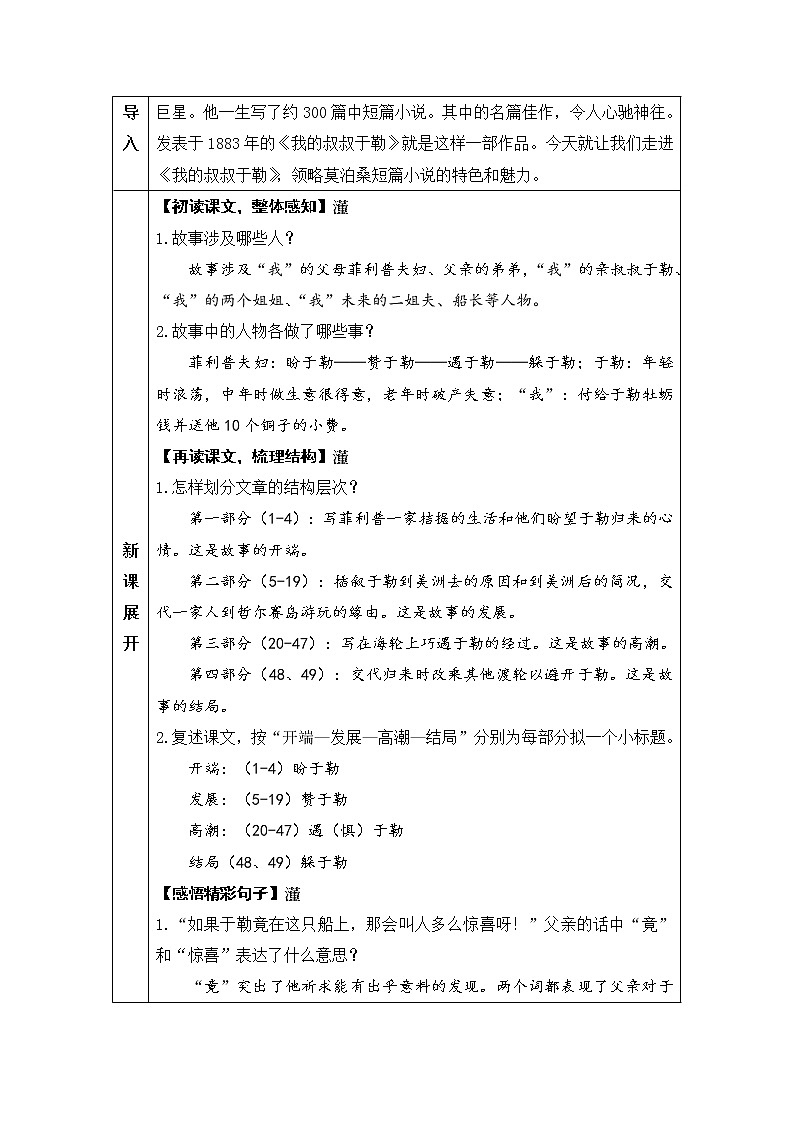 人教部编语文九年级上15 我的叔叔于勒 教案03