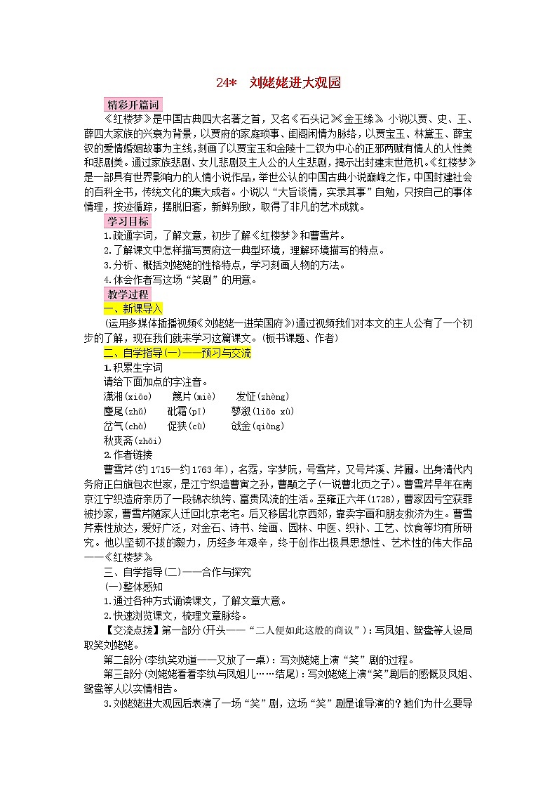 人教部编语文九年级上第24课《刘姥姥进大观园》名师教案01
