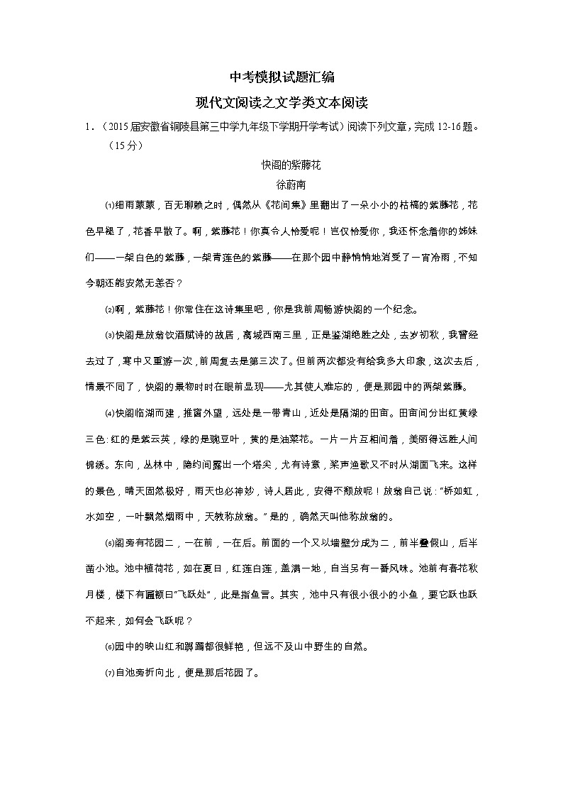 中考语文模拟试题汇编—现代文阅读之文学类文本阅读第二期第1页