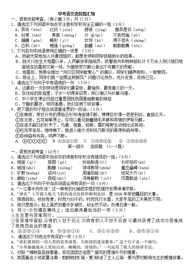 中考语文选择题练习第1页