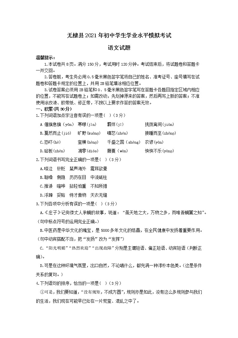 2021年山东省滨州市无棣县初中学生学业水平模拟考试语文试题（word版有答案）01
