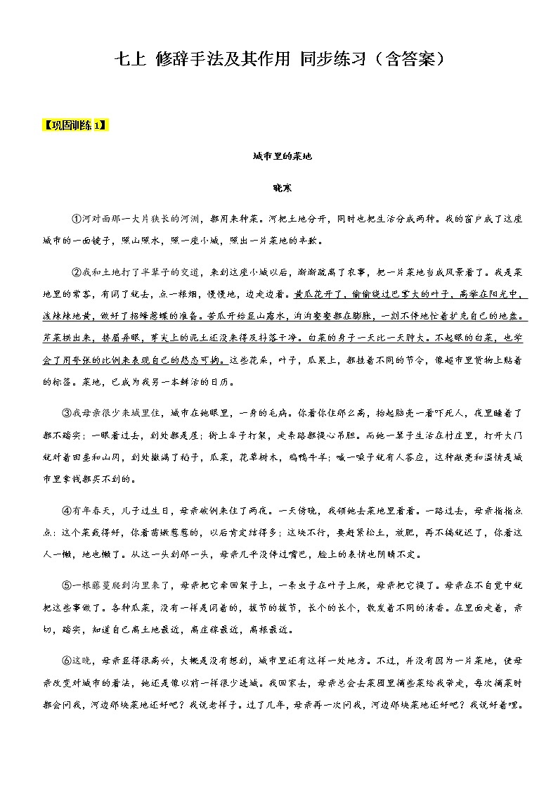 【机构专用】21 记叙文之修辞手法及其作用 同步练习（含答案）—2020年六年级升七年级语文暑假辅导01
