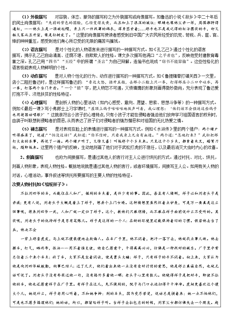 【机构专用】 小说人物形象及作用 讲义—部编版七年级升八年级语文暑假辅导02