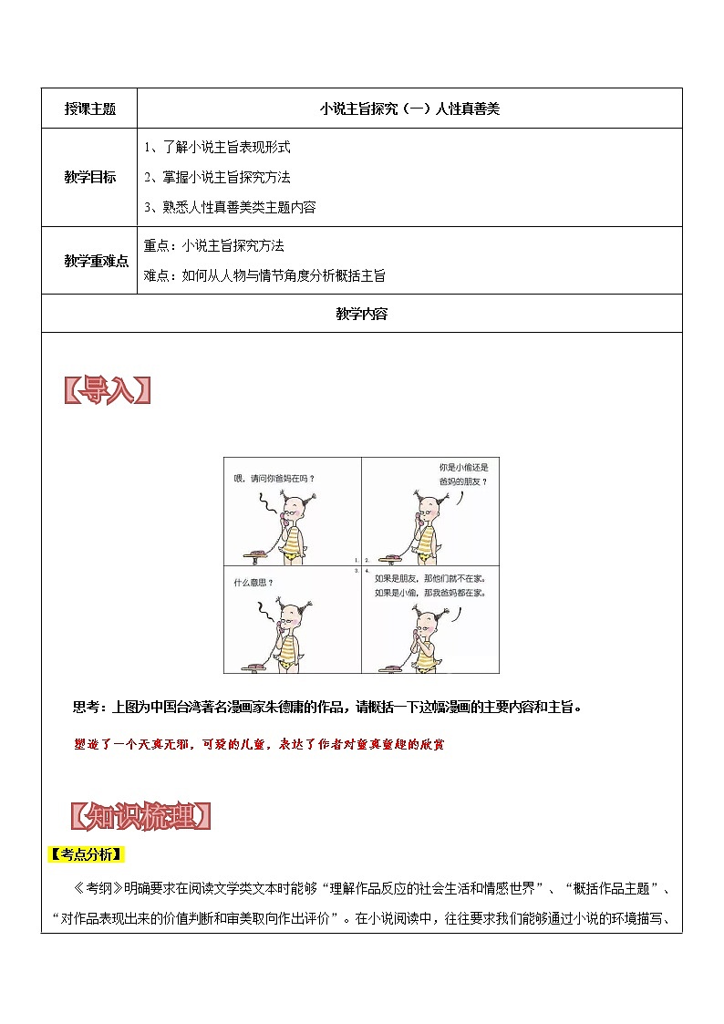 【机构专用】 小说主旨探究（人性真善美 ）讲义—八年级升九年级暑假辅导第1页